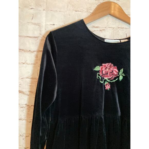 Vintage Shenanigans Velvet Babydoll Dress Womens Medium Black Floral Embroidered - Picture 4 of 13